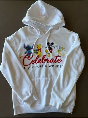 Disney White Hoodie with Multicolor Character Graphic and Red Script